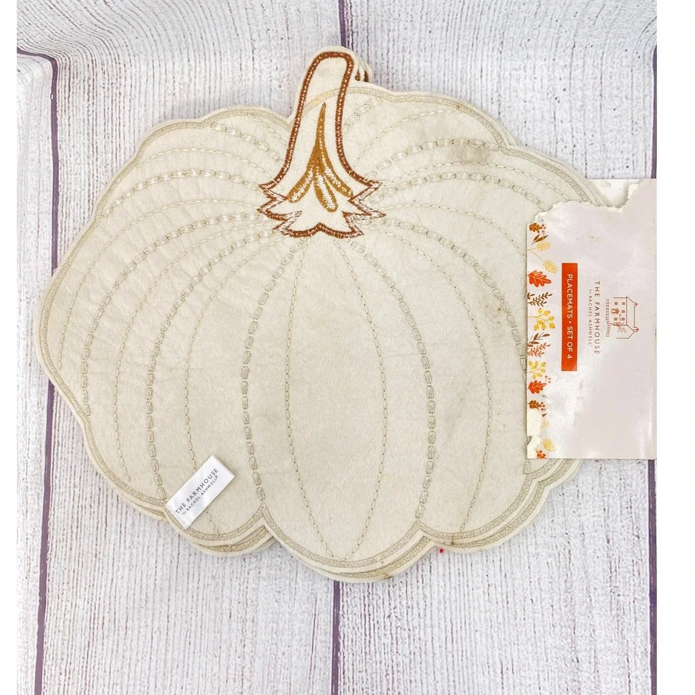 The Farmhouse Rachel Ashwell Pumpkin Placemats (4) Cream Gold Embroidery Autumn